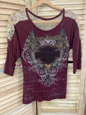 Harley-Davidson Women's Burgundy Lace-Shoulder Graphic Long Sleeve Tee